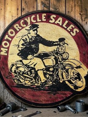 Motorcycle Sales Wood Sign 24” Rustic Vintage Style Biker Garage Decor